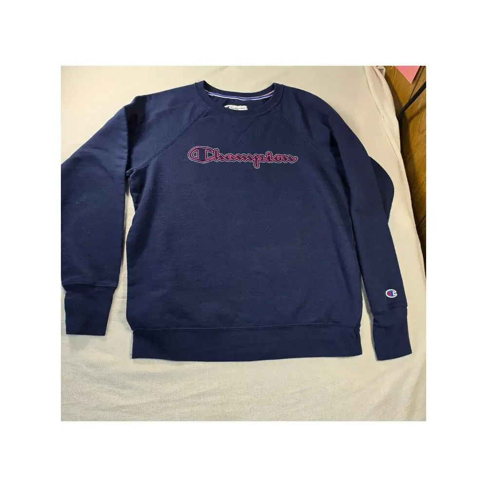 Champion Spell Out Script Crew Sweatshirt Navy L